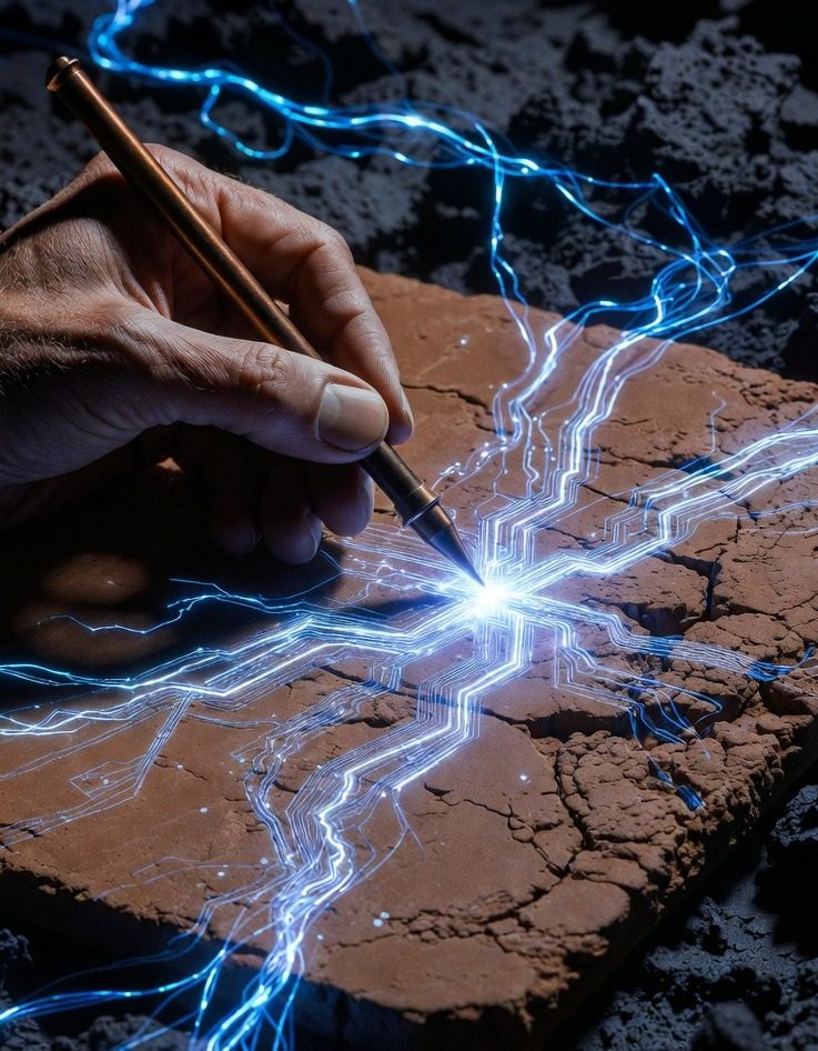 Una mano escribe con un estilete antiguo sobre una tablilla de arcilla, de la que brota una descarga de luz
